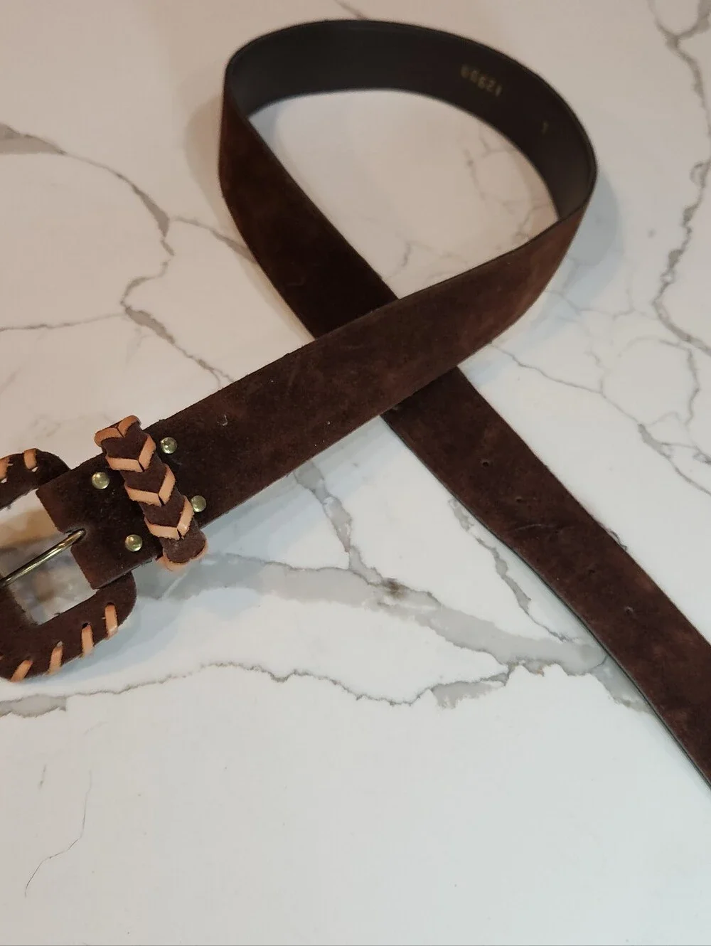 Woman's Vintage Brown Suede Braided Whipstitch Leather Belt Size Large